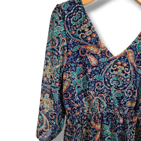 BeBop Women’s Navy Paisley Boho Chiffon Lined Mini Dress – Size Medium - Picture 5 of 9